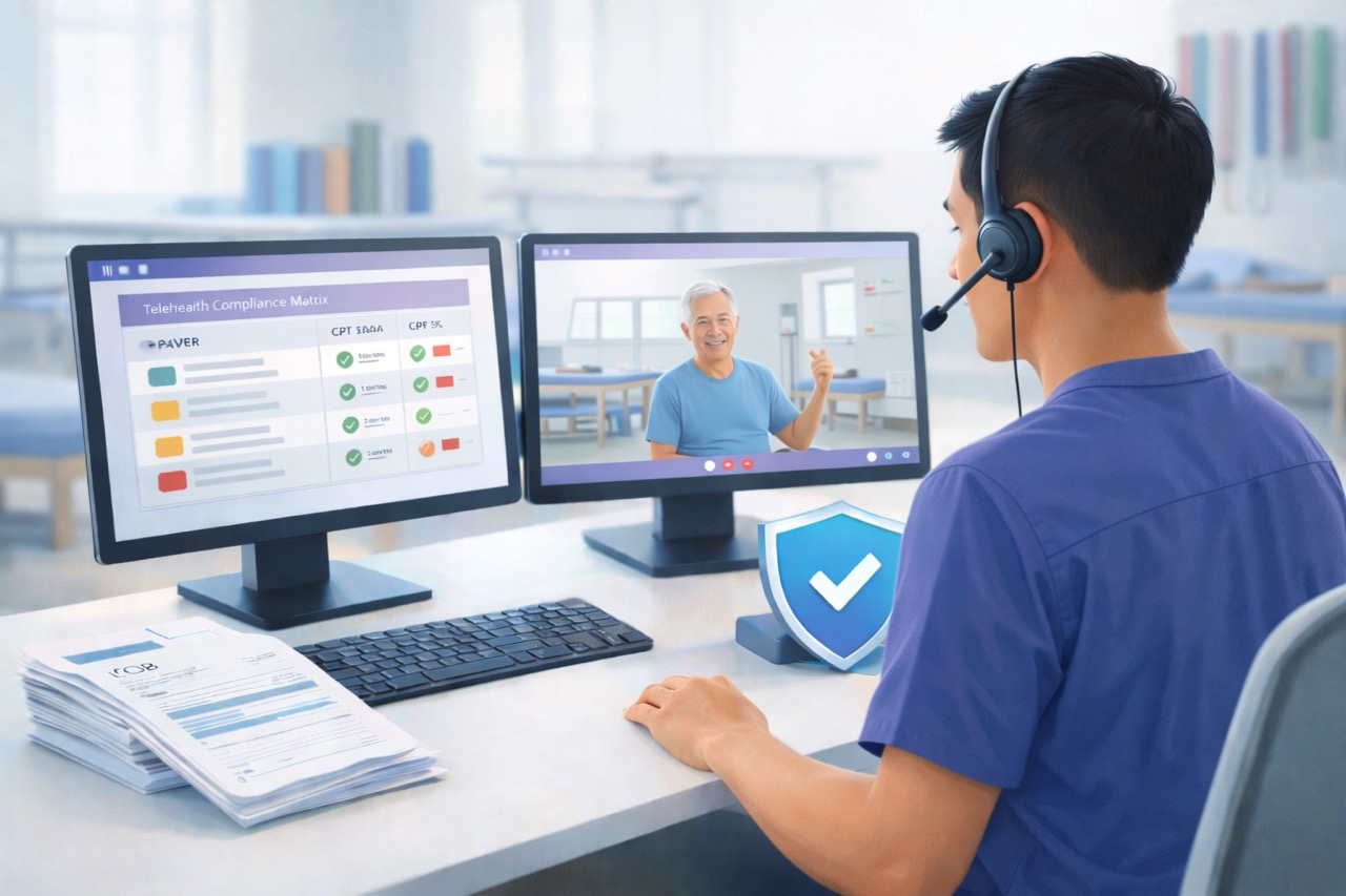 physical therapy telehealth billing specialist managing virtual visit compliance and CPT codes in PT clinic