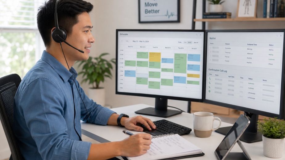 physical therapy patient scheduling specialist managing appointments and no-show prevention in PT clinic