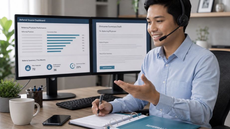 physical therapy referral management specialist tracking physician referrals and conversions in PT clinic