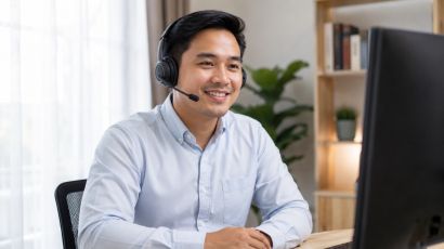 PT virtual assistant working at a desk with a headset, supporting a physical therapy clinic