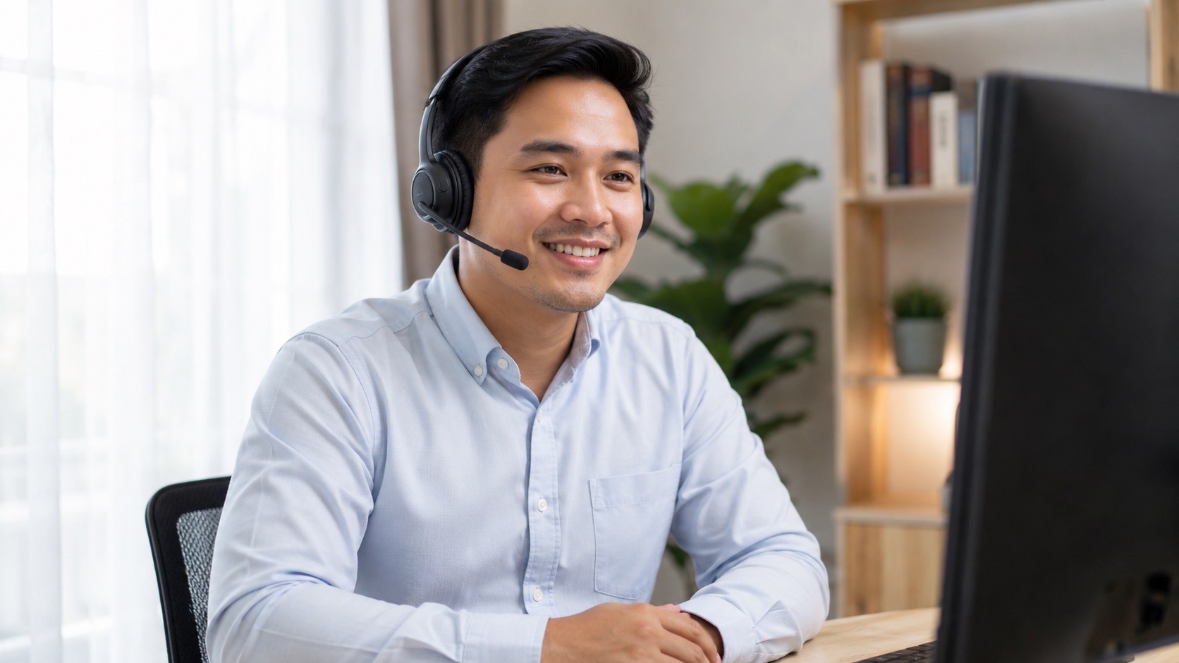 PT virtual assistant working at a desk with a headset, supporting a physical therapy clinic