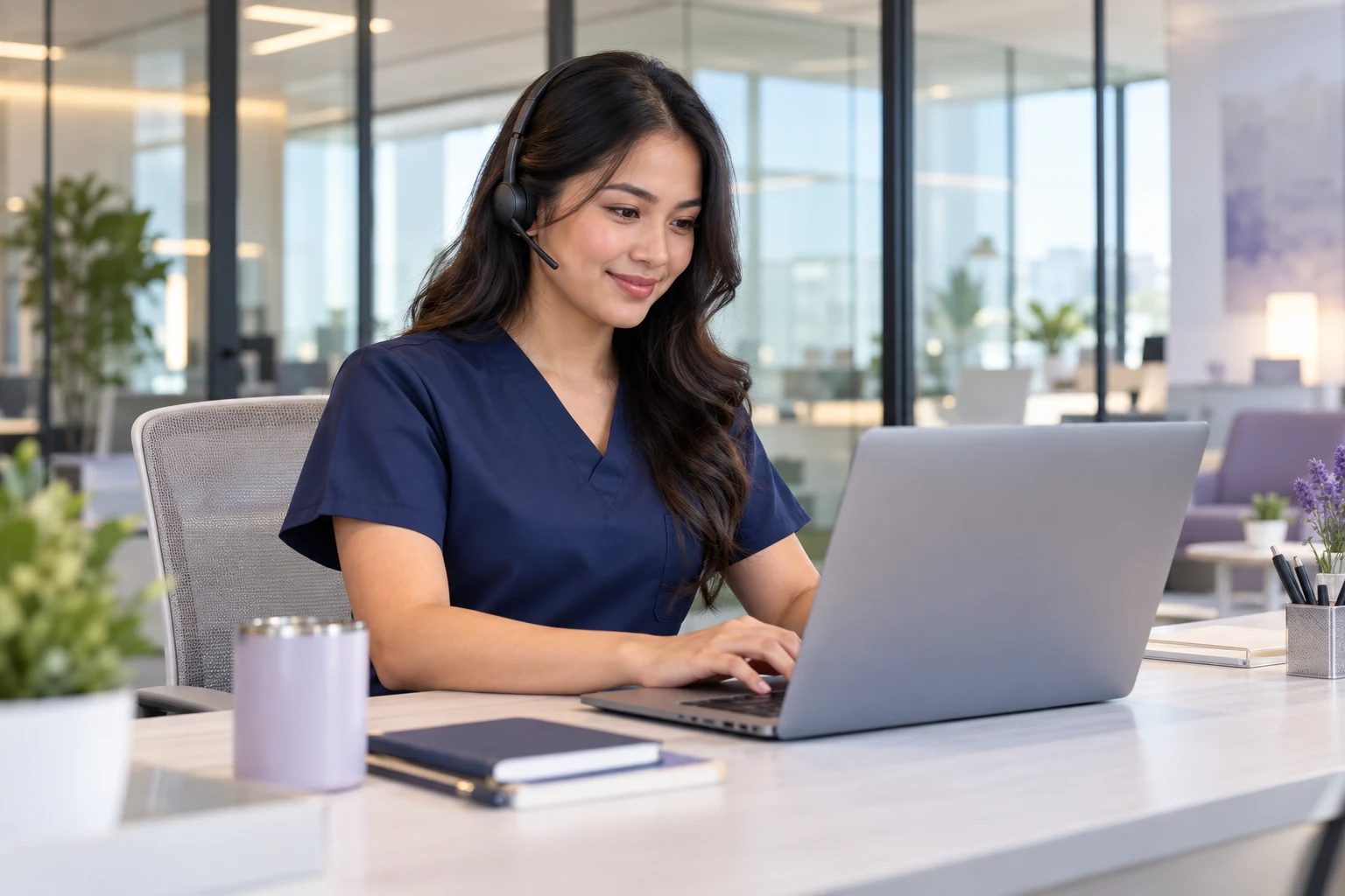 Illustrative healthcare administrative professional working remotely